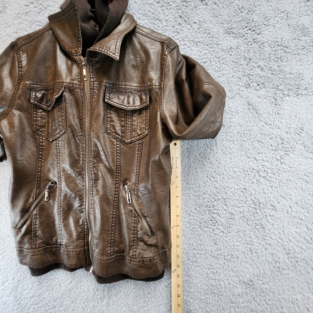 LA Coalition Faux Leather Jacket Women's M Brown Lined Long Sleeve Hood Full Zip - Picture 2 of 14